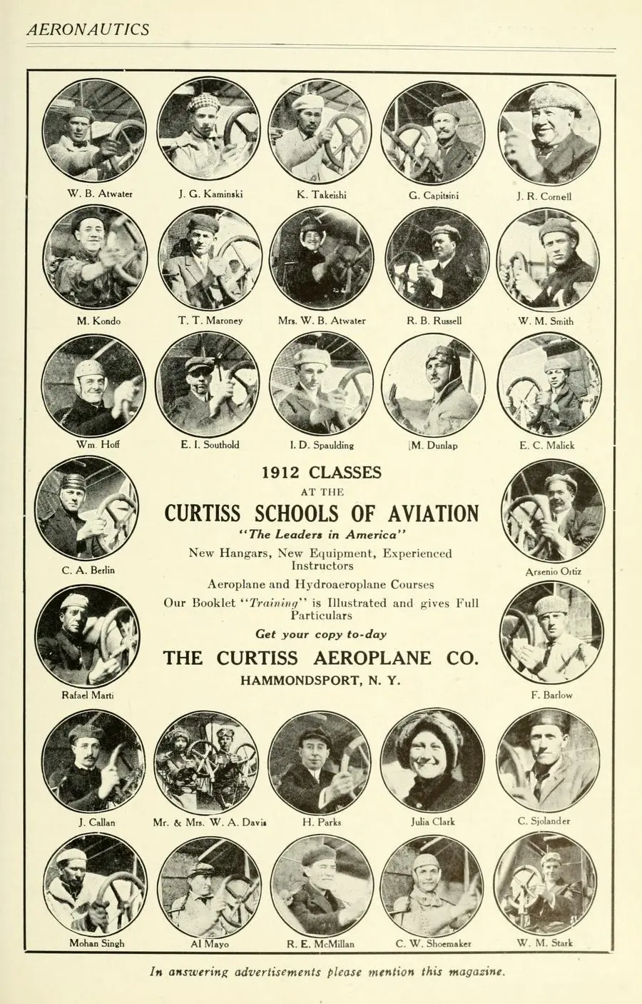Glenn Curtiss flight school students, 1912