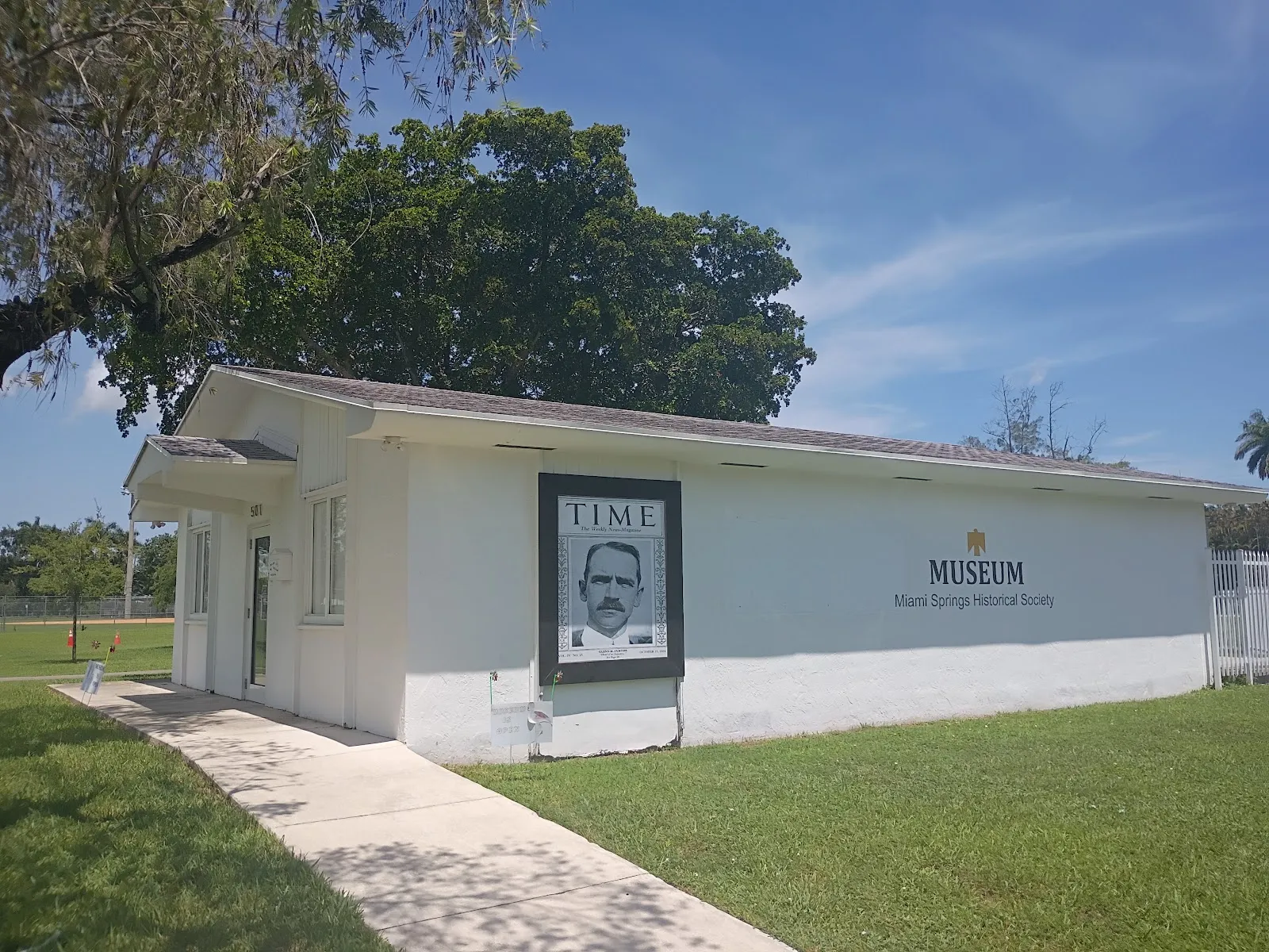 The Miami Springs Historical Society Museum at 501 East Drive, with a large reproduction of Glenn Curtiss's TIME magazine cover on its exterior wall